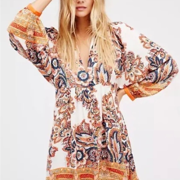EUC Free People paisley long sleeve v neck dress size S - Picture 2 of 8